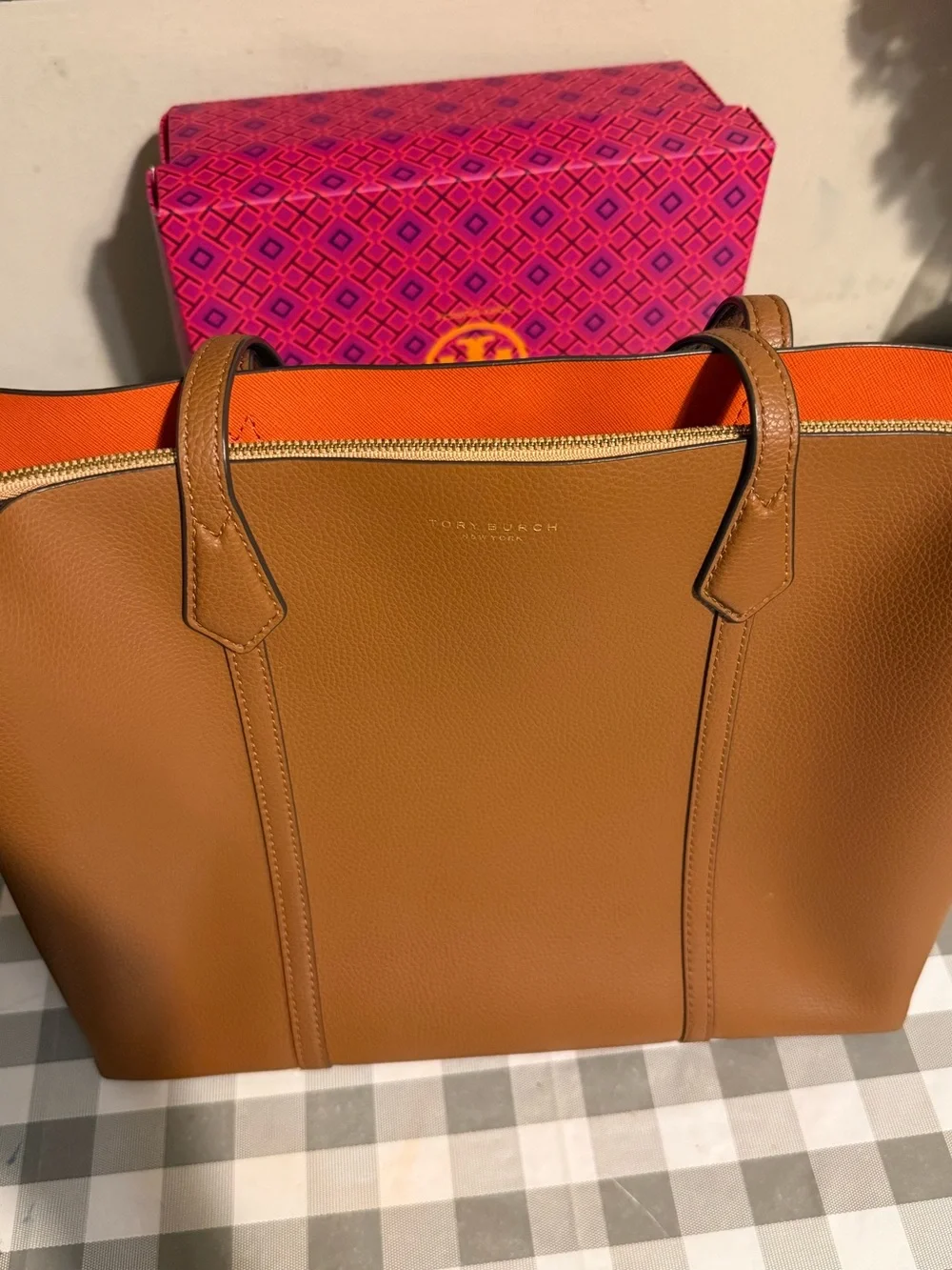 Tory Burch Perry Tote Bag in Cognac with Orange Interior